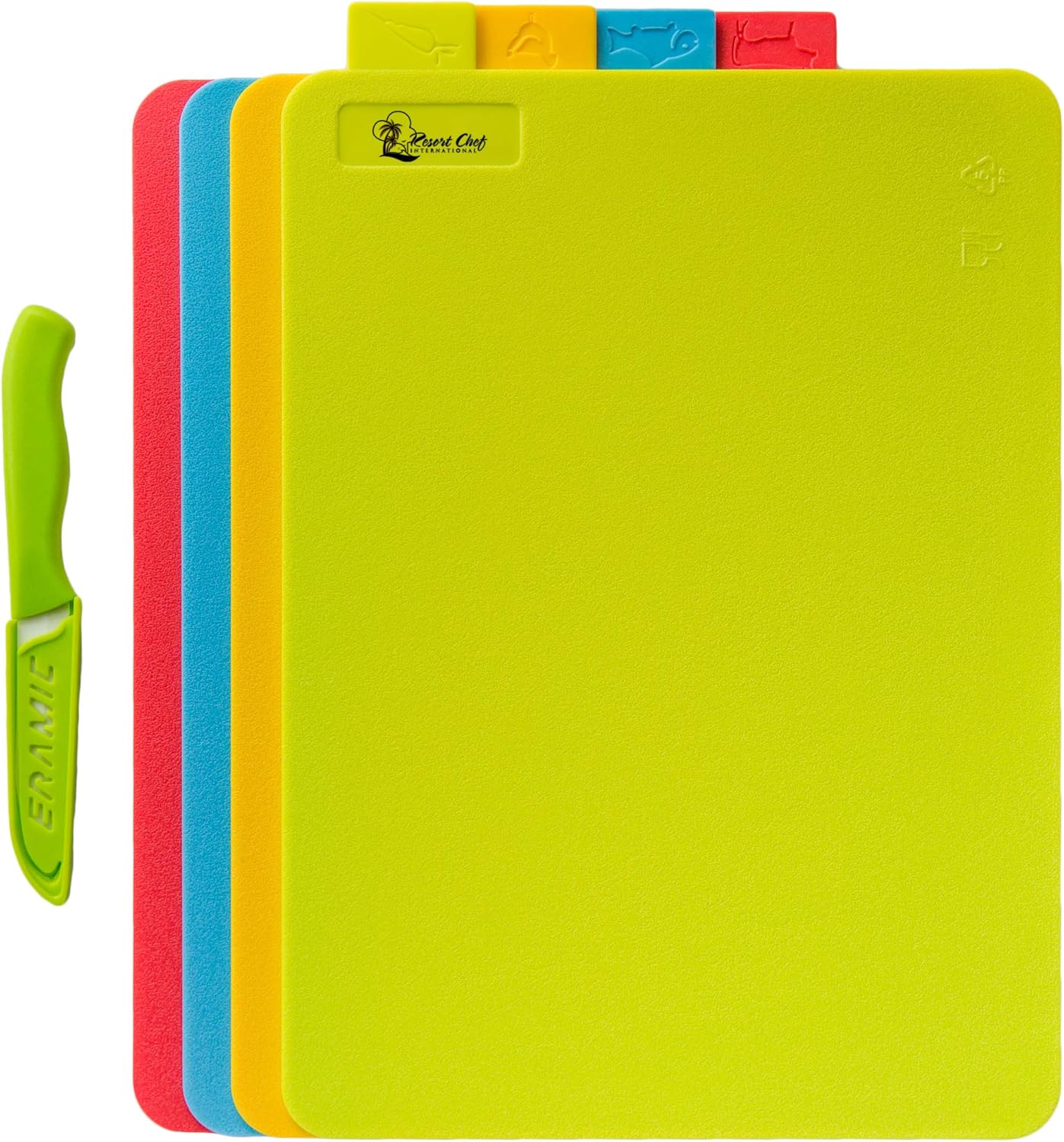 Resort Chef Vibrant Kitchen Cutting Board Set - 4 Non-Porous, BPA-Free, Dishwasher-Safe Reversible Plastic Boards with Easy-Grip Food Icon Tabs. Includes Ceramic Knife & Non-Slip Mat.